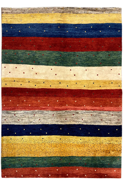 Rectangular Gabbeh rug with horizontal stripes in red, blue, green, yellow, and gray