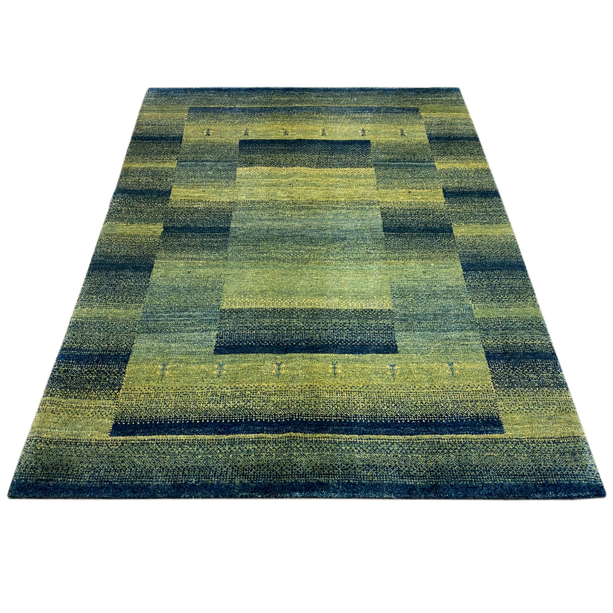 Green gabbeh rug with a geometric square layout, rectangular, laid flat.