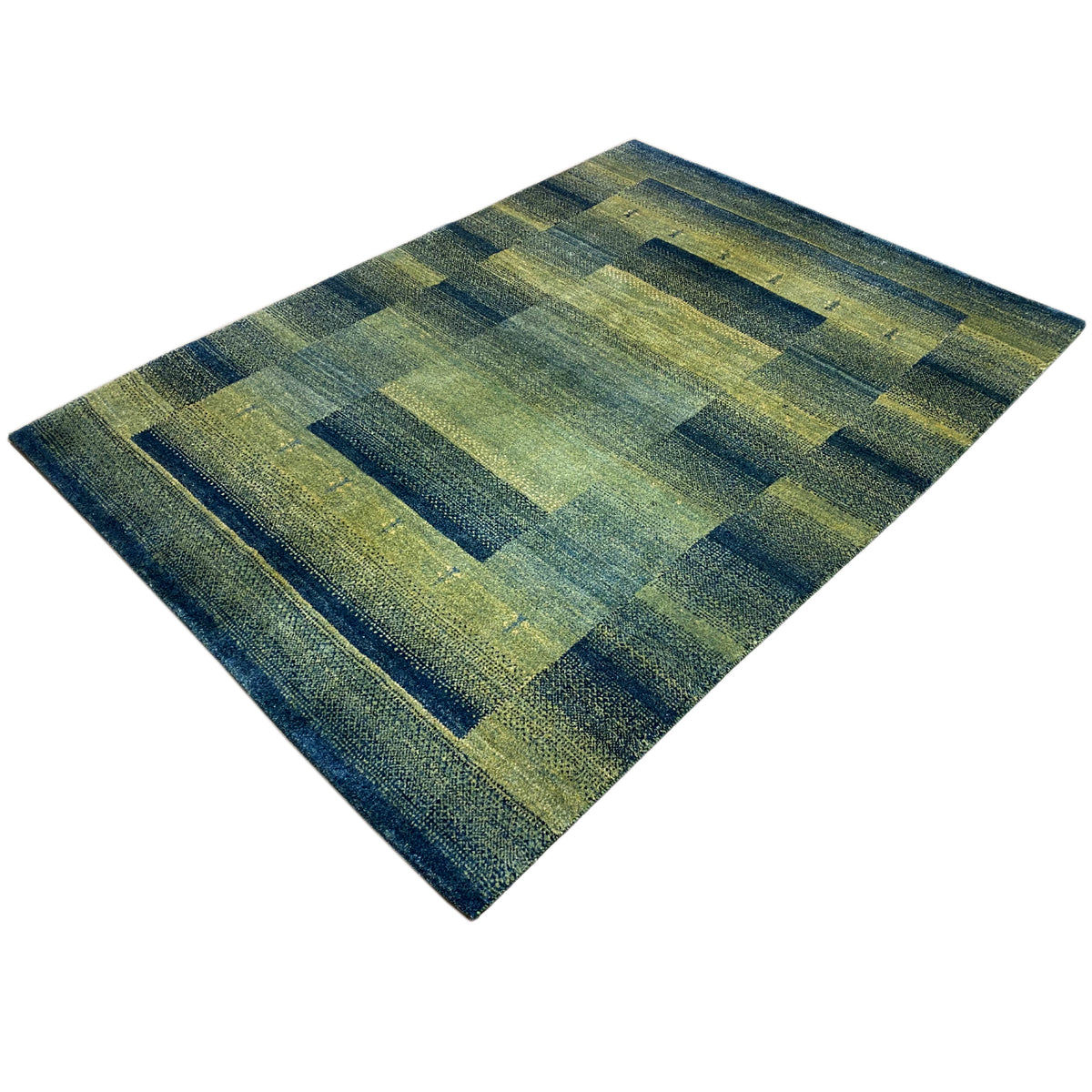 Green gabbeh rug with wide stripes and rectangular fields, diagonal view.