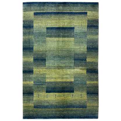 Green Gabbeh rug with a geometric square pattern, rectangular, 201x146 cm.