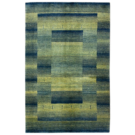 Green Gabbeh rug with a geometric square pattern, rectangular, 201x146 cm.