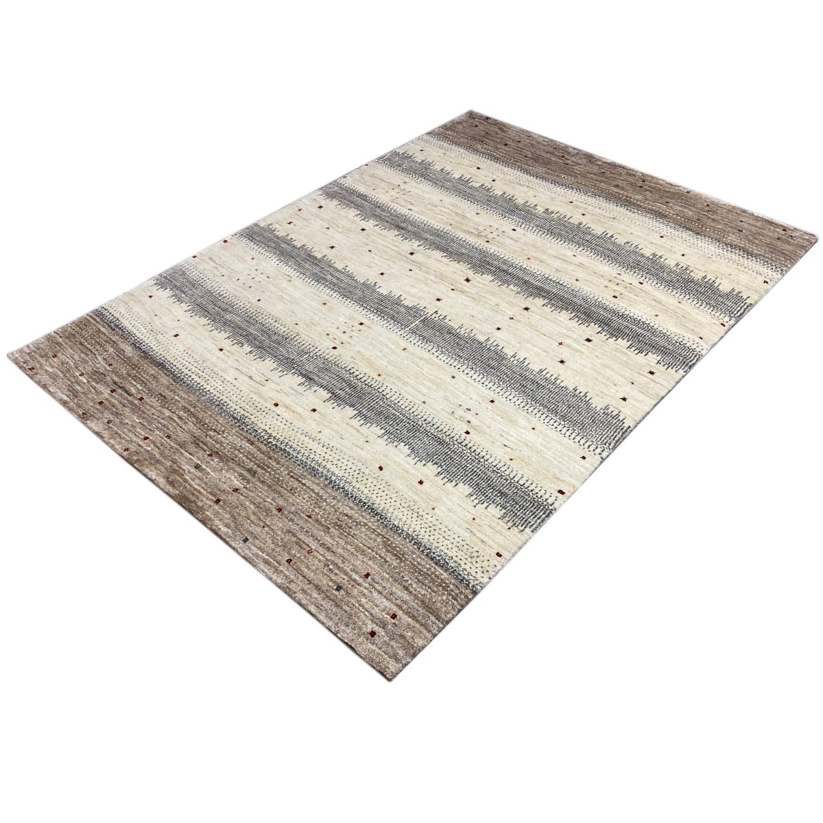 Gabbeh rug, diagonal wide stripes in beige and gray with occasional red dots