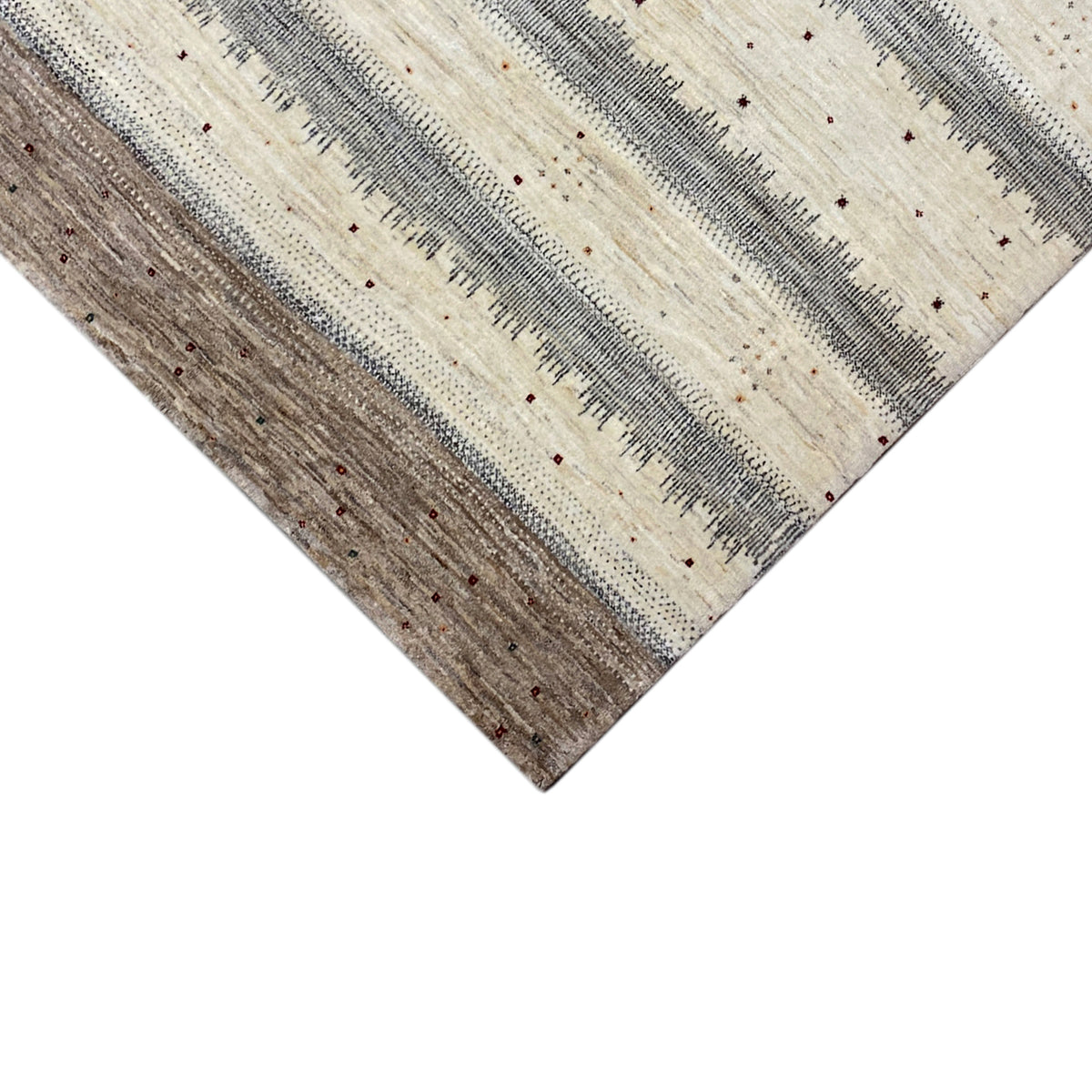 Gabbeh rug corner with diagonal stripes, beige and gray, dotted