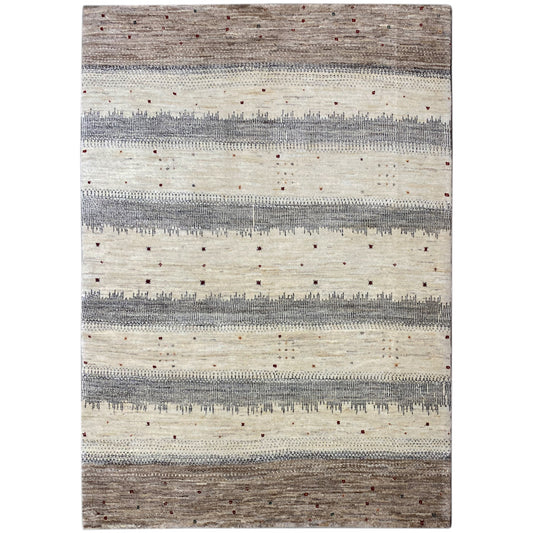 Gabbeh rug with horizontal stripes in beige, gray, and brown, with small dots