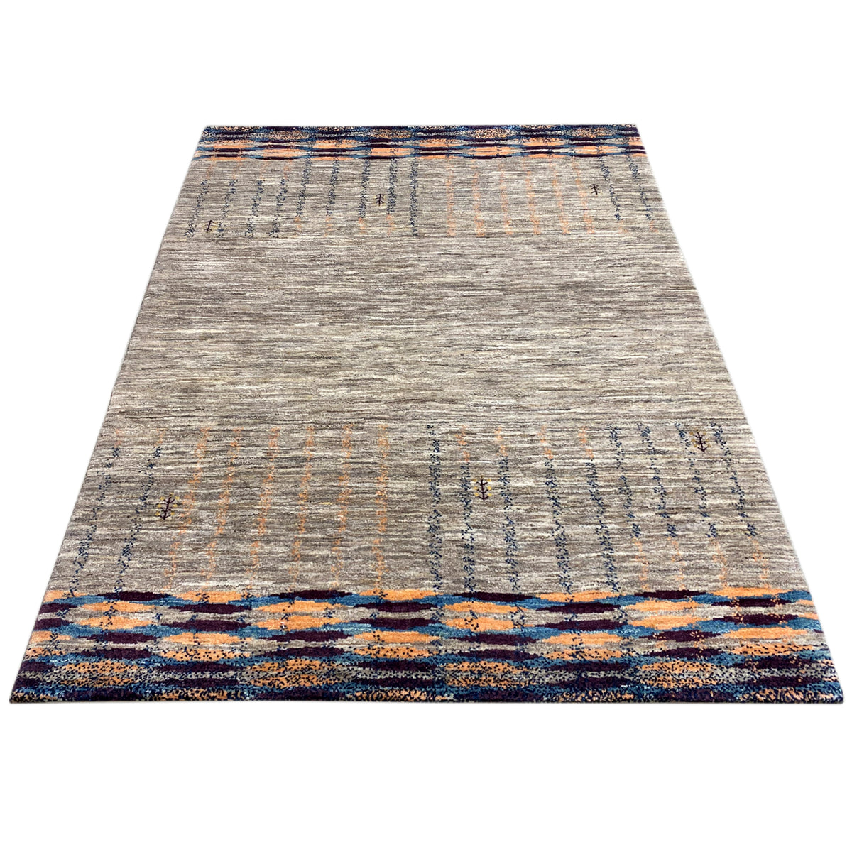 Gray gabbeh rug with blue and orange border bands