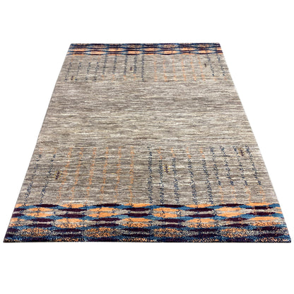 Gray gabbeh rug with blue and orange border bands