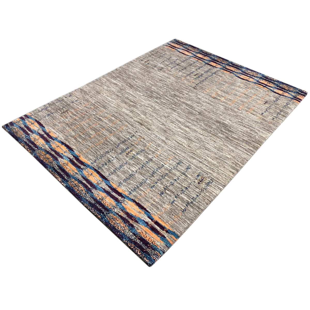 Gray Gabbeh rug with striped accents along the edge, rectangular