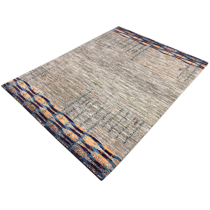 Gray Gabbeh rug with striped accents along the edge, rectangular