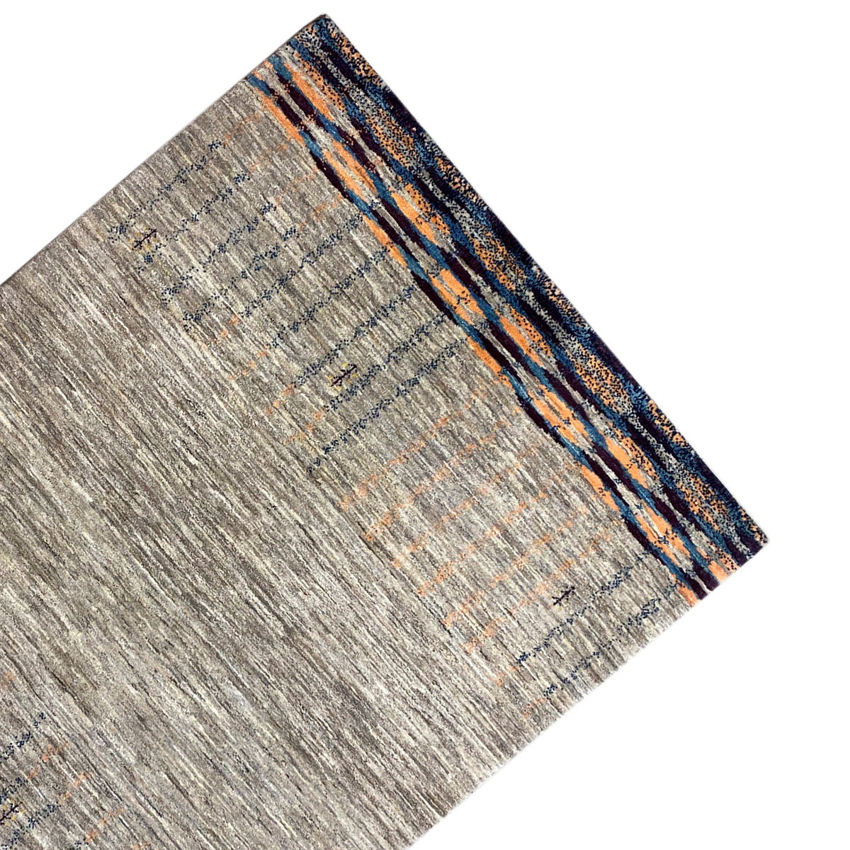 Gray Gabbeh rug, draped diagonally, with blue-orange border stripes