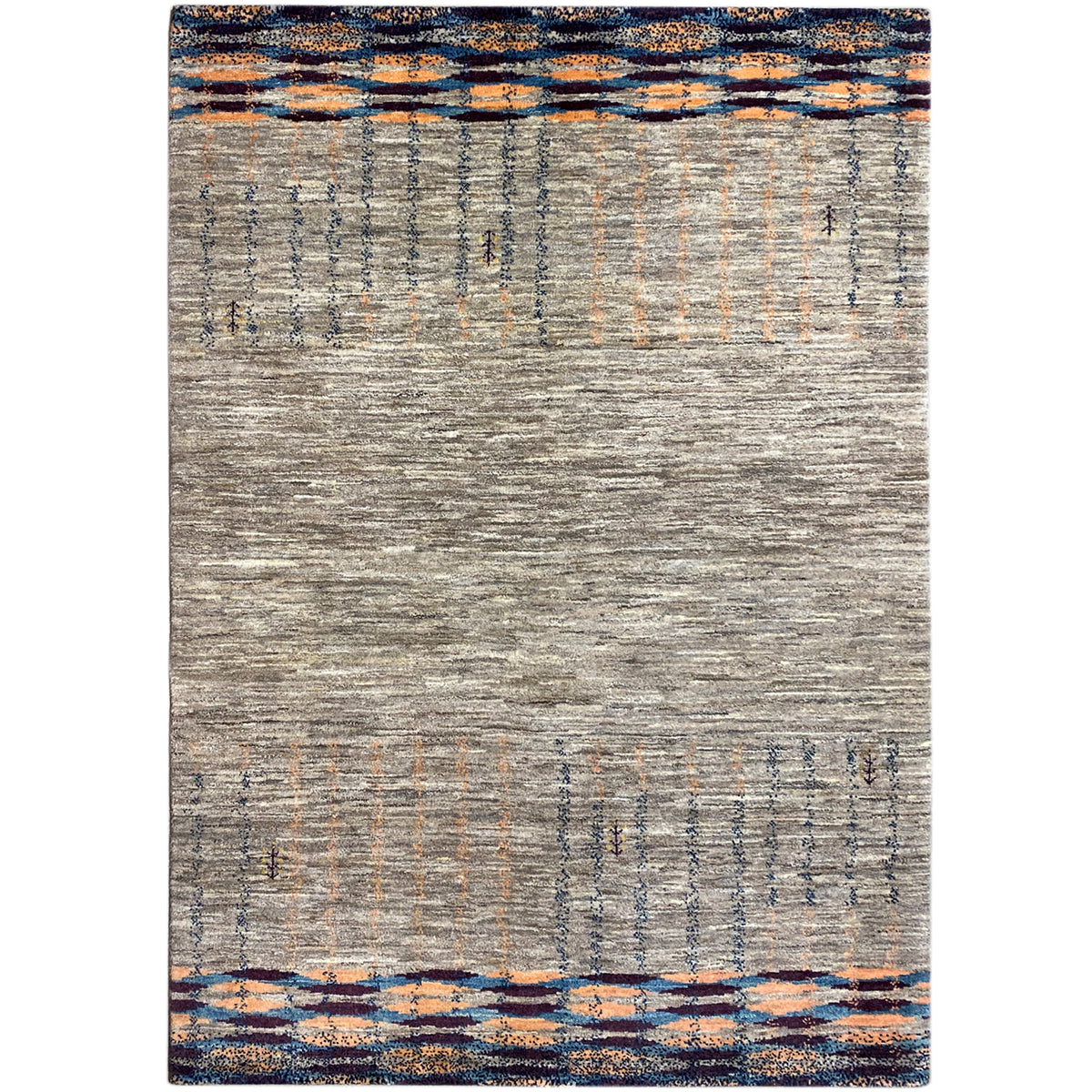 Gray Gabbeh rug with blue-orange striped borders and a geometric pattern
