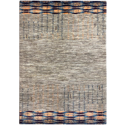 Gray Gabbeh rug with blue-orange striped borders and a geometric pattern