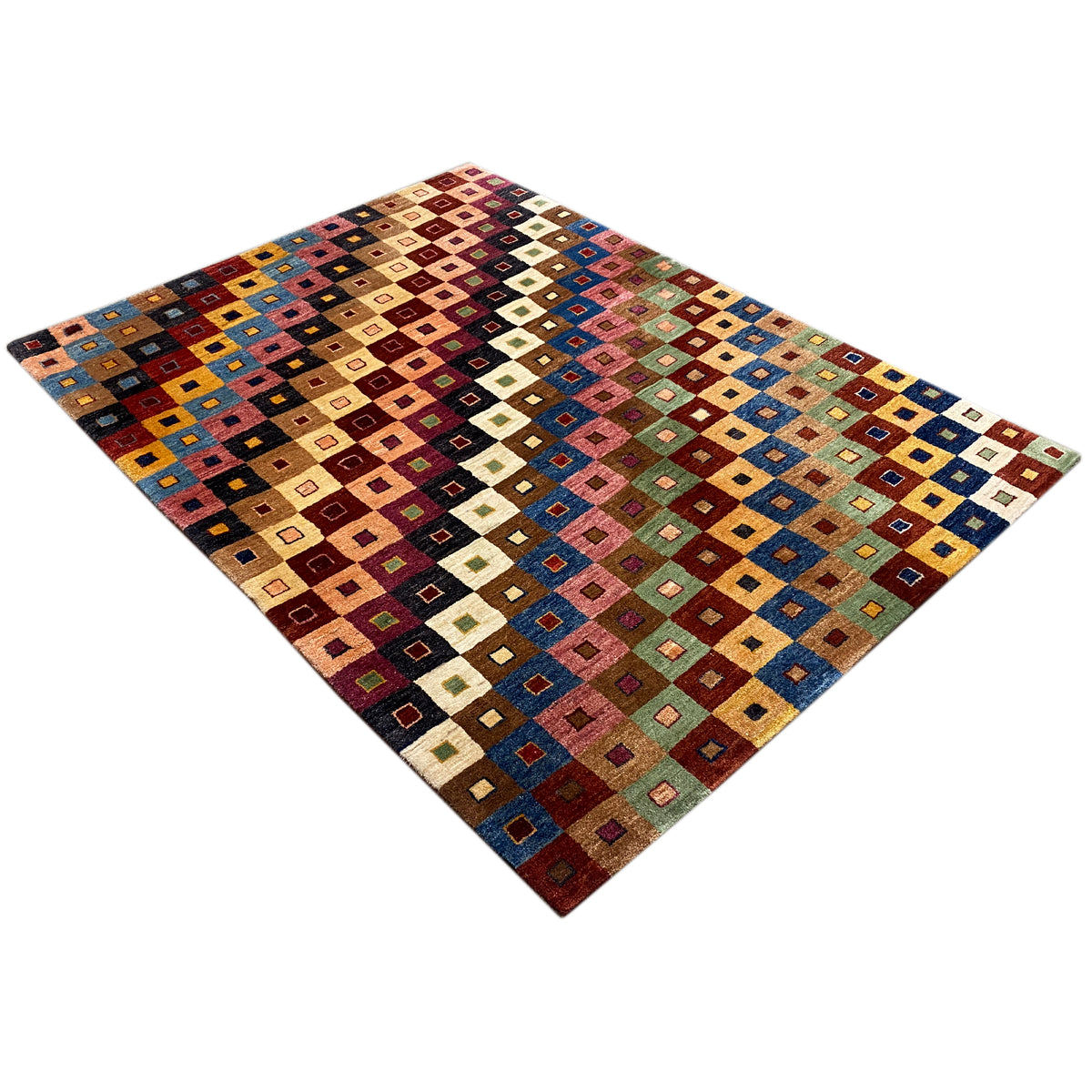 Gabbeh rug with a square color design, spread diagonally, rectangular