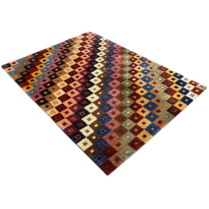 Gabbeh rug with a square color design, spread diagonally, rectangular