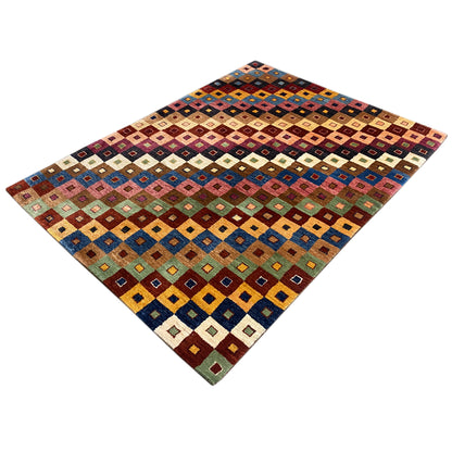 Gabbeh rug with a colorful block pattern, arranged squares, rectangular shape