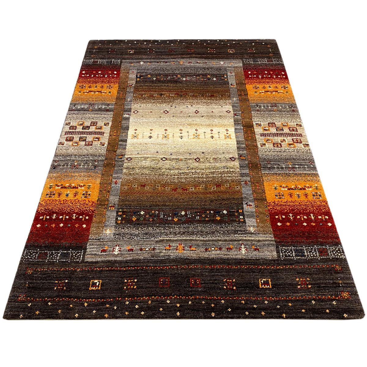 Rectangular Gabbeh rug with a geometric oriental pattern in brown, orange, and beige