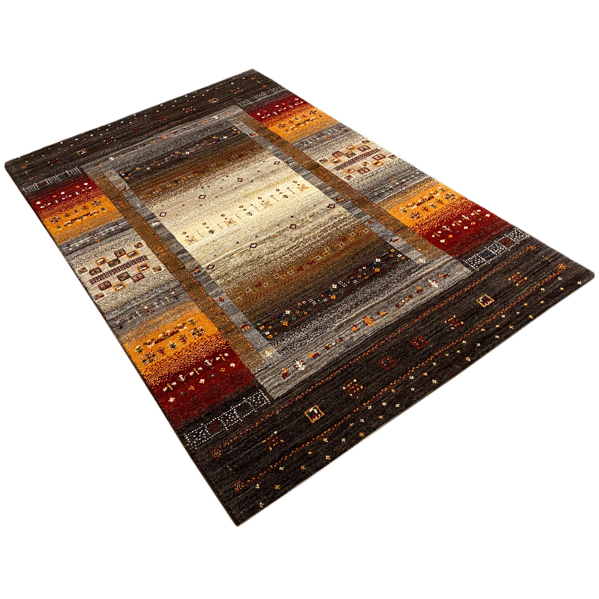 Gabbeh rug in dark brown with orange-red accents and narrow border stripes