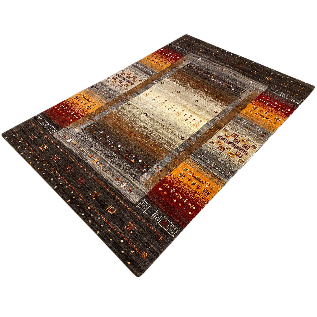 Gabbeh rug with a beige central area, brown border stripes, and red accents