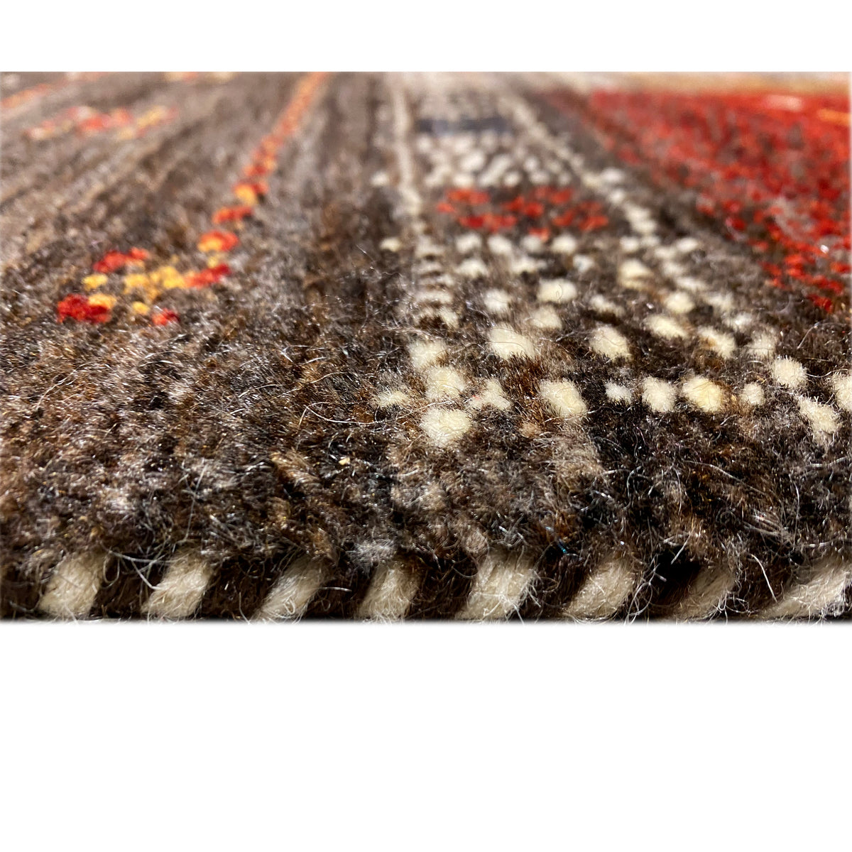 Carpet surface in detail: textured pile with multicolored threads