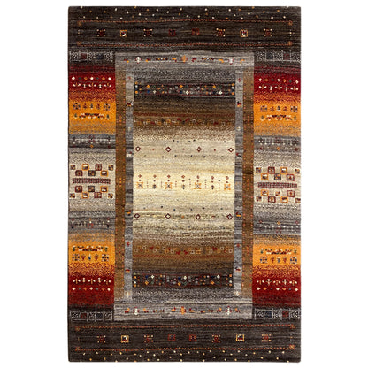 Gabbeh rug with brown-orange borders and a central pattern, rectangular, 201x137 cm