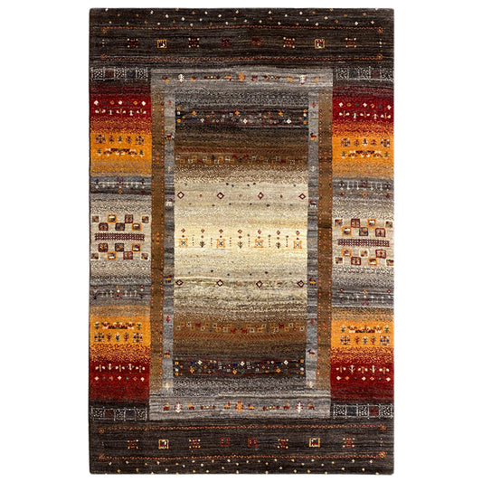 Gabbeh rug with brown-orange borders and a central pattern, rectangular, 201x137 cm