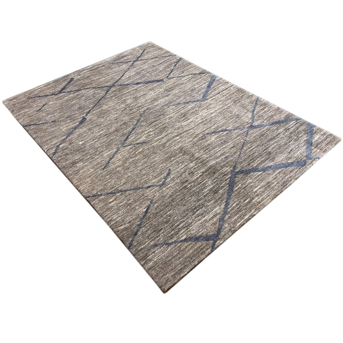 Gabbeh rug, diagonal view: gray pile with a blue diamond grid