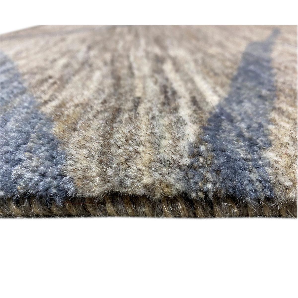 Gabbeh rug detail: short pile with fringes, gray-blue patterned
