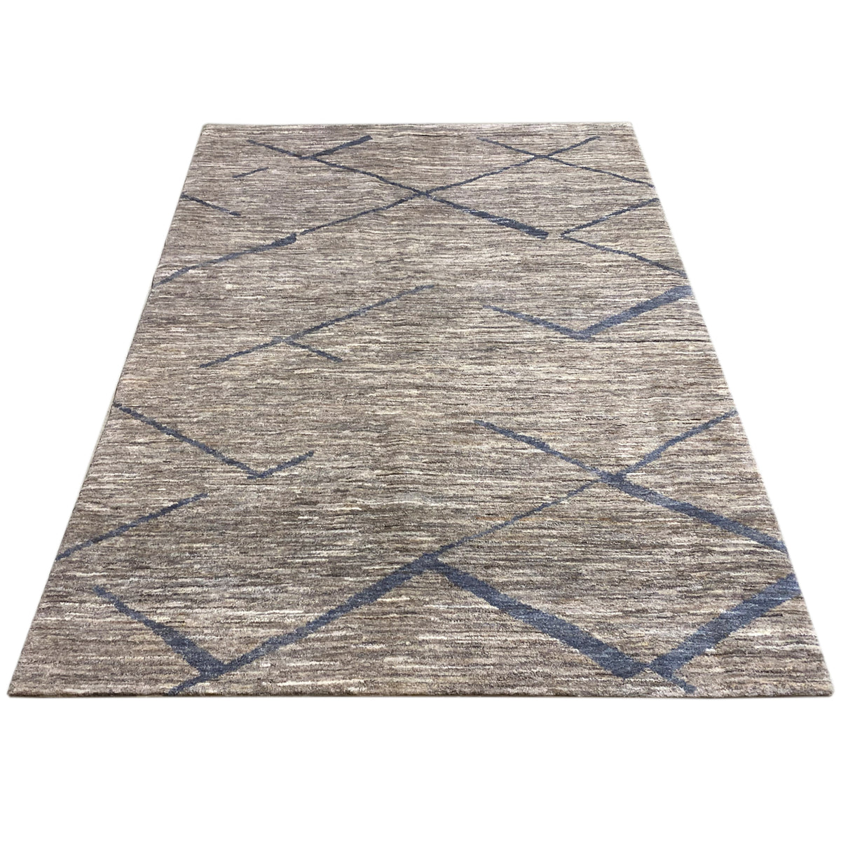 Rectangular Gabbeh rug: gray base fabric with a blue diamond-line pattern