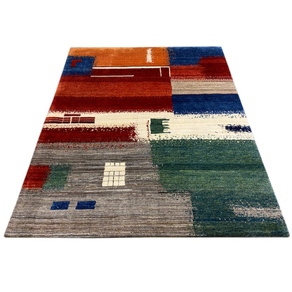 Gabbeh rug 205x154 cm, abstract geometric pattern in rust red, blue, cream, green