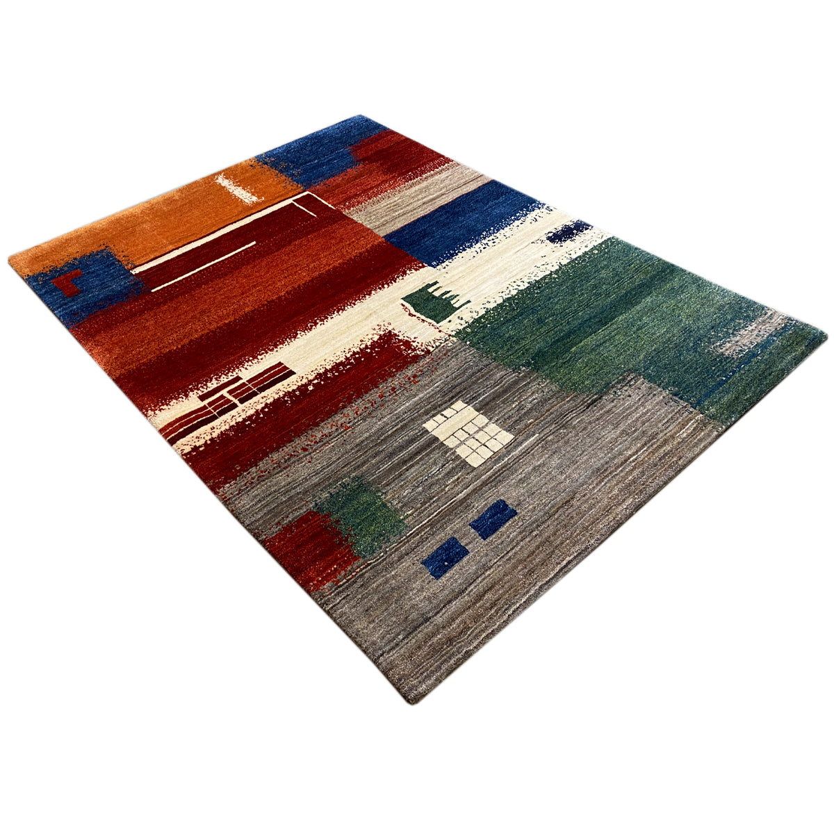 Gabbeh rug 205x154 cm, diagonal view with a colorful patchwork design and accents
