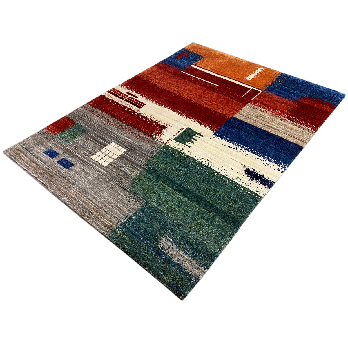 Gabbeh rug 205x154 cm with an all-over pattern in red, blue, cream, gray, and green