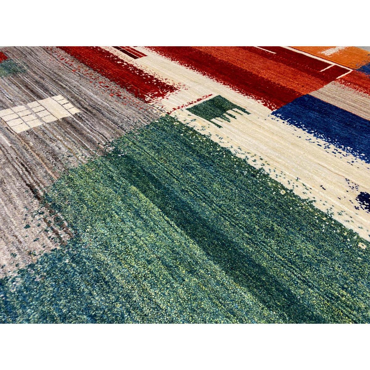 Gabbeh rug 205x154 cm detail view: textured pile, abstract color fields
