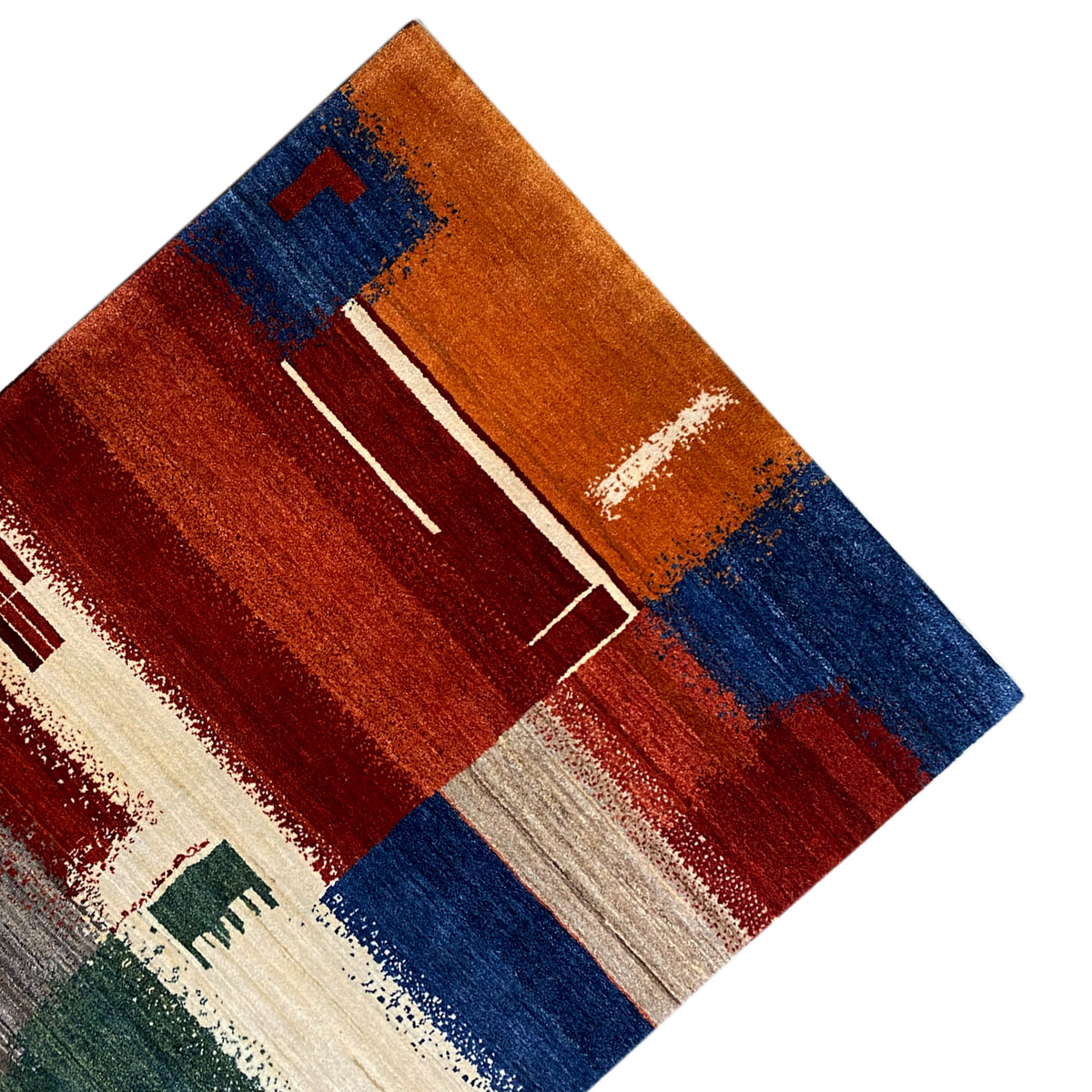 Gabbeh rug 205x154 cm diagonal detail with red, blue, and cream-colored areas