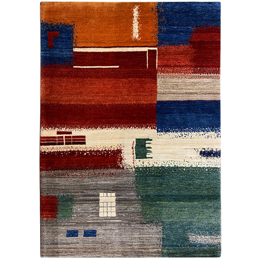 Gabbeh rug 205x154 cm with an abstract patchwork pattern in red, blue, and green