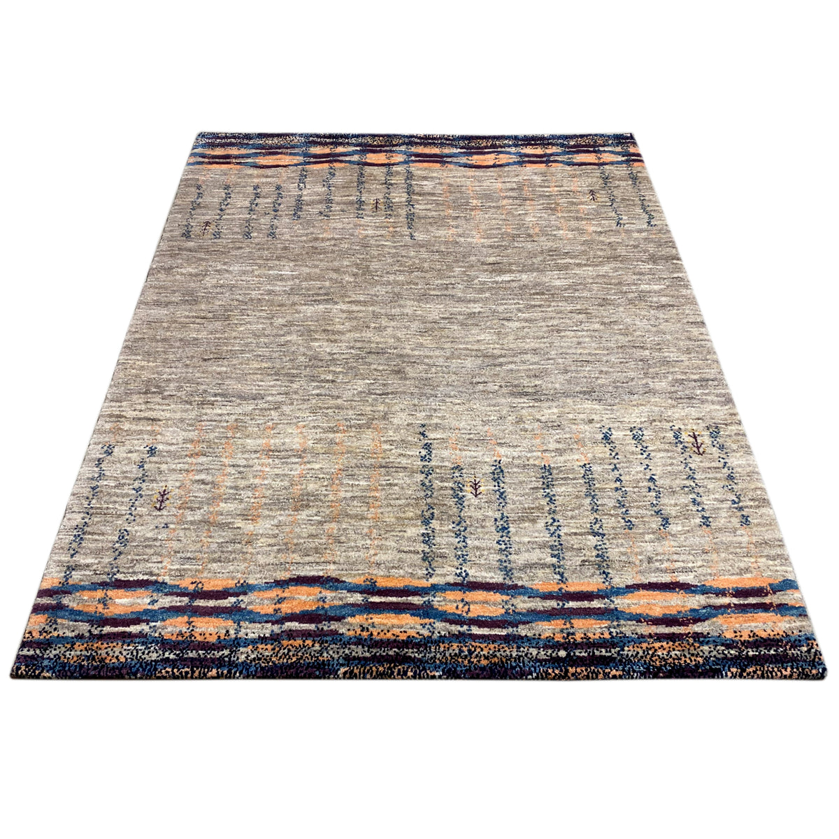 Rectangular Gabbeh rug with mottled gray pile and blue and orange stripes