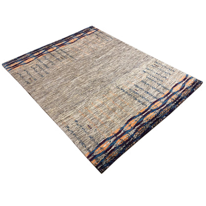 Gabbeh rug in diamond view, gray surface with blue rows of patterns and a dark border