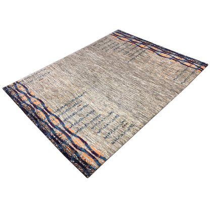 Gabbeh rug, diagonal, light gray background with blue ornamental bands and orange lines