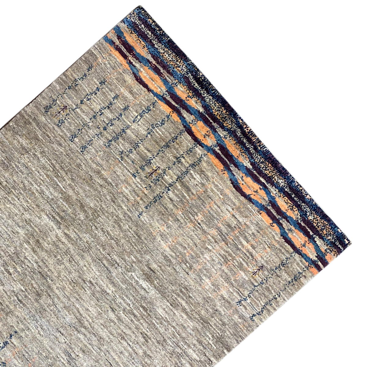 Gabbeh rug diagonal, gray texture with blue patterned stripes and orange joints