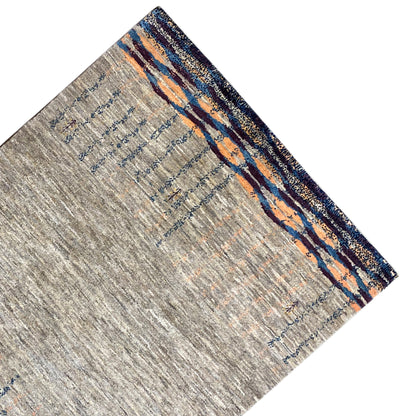 Gabbeh rug diagonal, gray texture with blue patterned stripes and orange joints