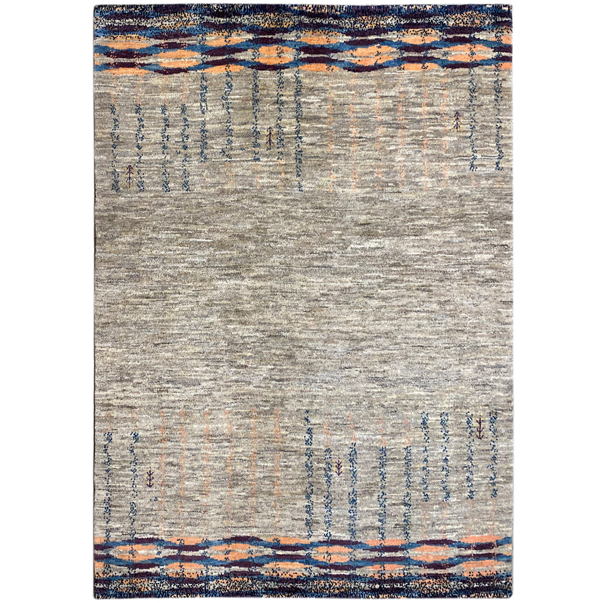 Gabbeh rug with a light gray background, blue patterns, and orange accents, rectangular