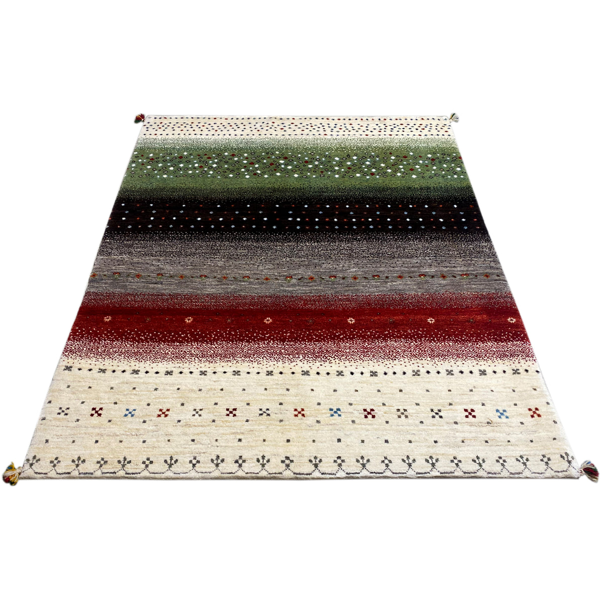 Gabbeh rug with wide stripes in green, black, red, and cream, rectangular