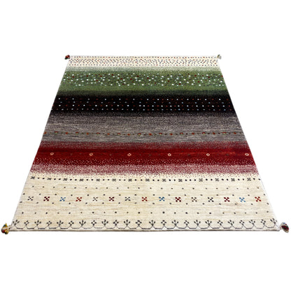 Gabbeh rug with wide stripes in green, black, red, and cream, rectangular
