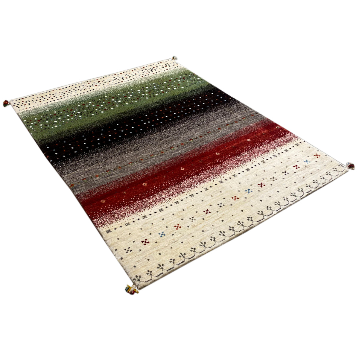 Gabbeh rug stretched out: green and red stripes with dot motifs