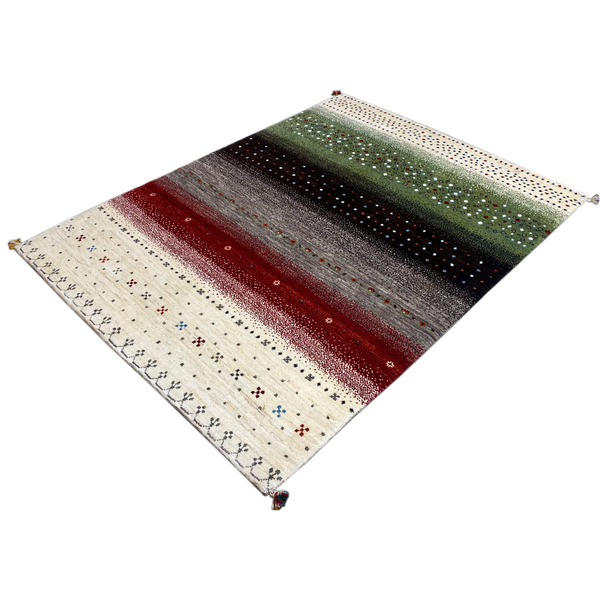 Gabbeh rug at an angle: red, gray, and green stripes, bordered edge