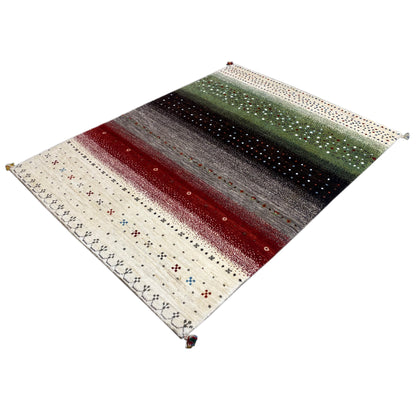Gabbeh rug at an angle: red, gray, and green stripes, bordered edge