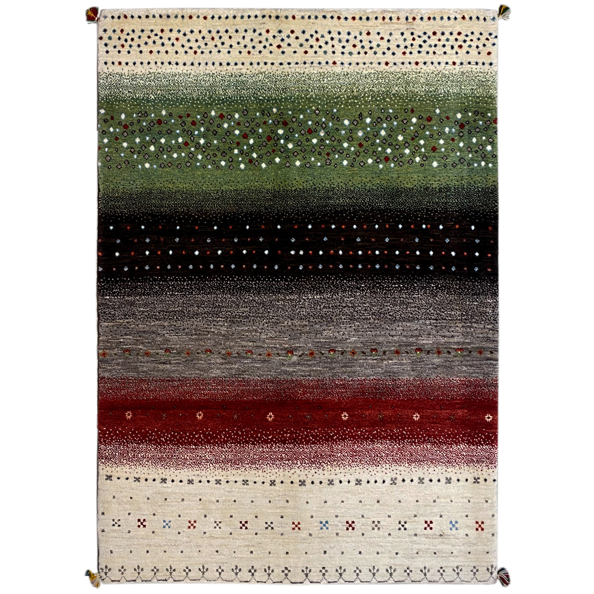 Gabbeh rug with a striped pattern in green, red, gray and cream, 199x149 cm
