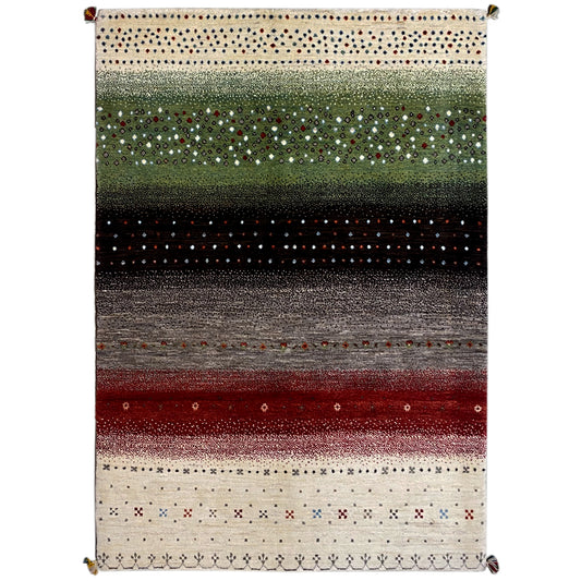 Gabbeh rug with a striped pattern in green, red, gray and cream, 199x149 cm