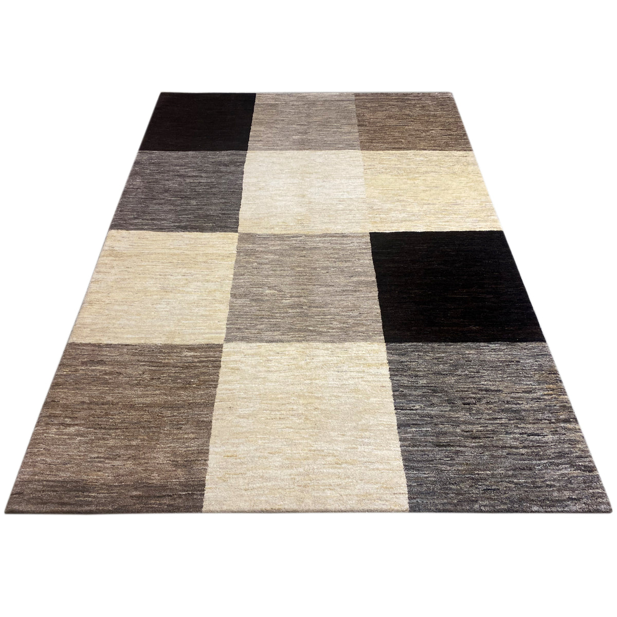 Gabbeh rug 243x169 cm, checked pattern with areas in cream, gray, brown, and black