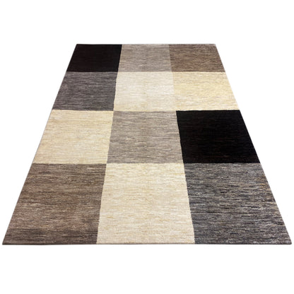 Gabbeh rug 243x169 cm, checked pattern with areas in cream, gray, brown, and black