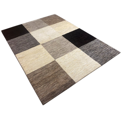 Gabbeh rug 243x169 cm, diagonal square pattern in cream, gray and dark brown