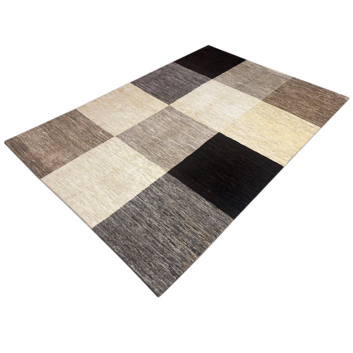 Gabbeh rug 243x169 cm, diamond stripes in cream, gray, sand, and black